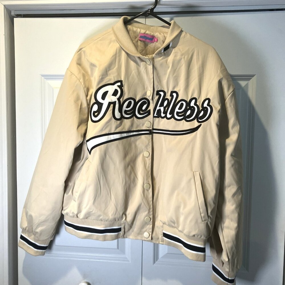Womens Bomber Jacket Size S Reckless Tan Button Up Long Sleeve Polyester Wind